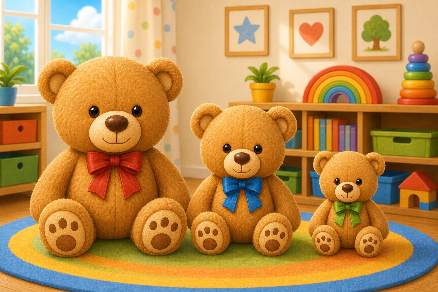 Tres osos de peluche de distinto tamano: grande, mediano y pequeno