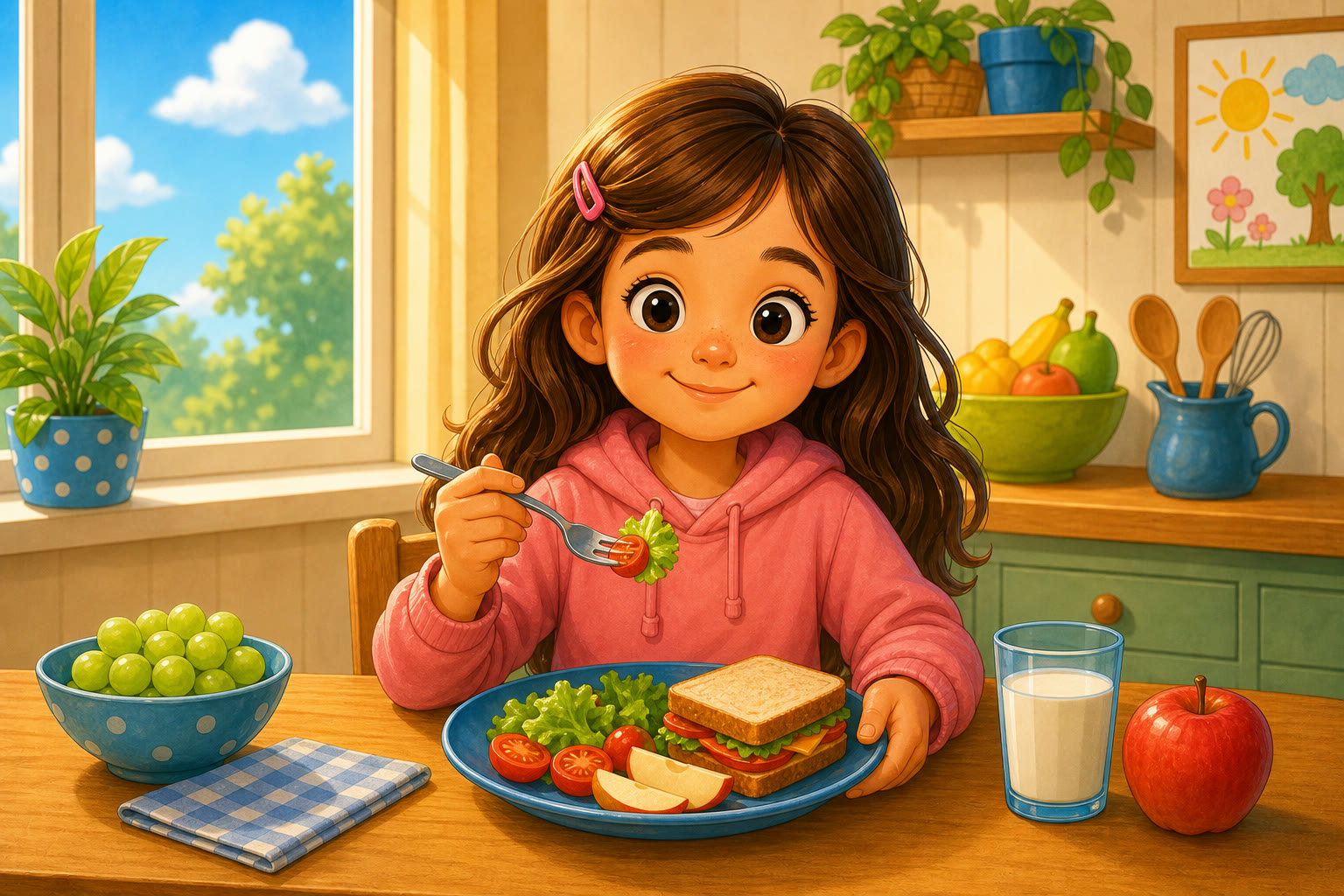 Una nina comiendo al mediodia en una mesa