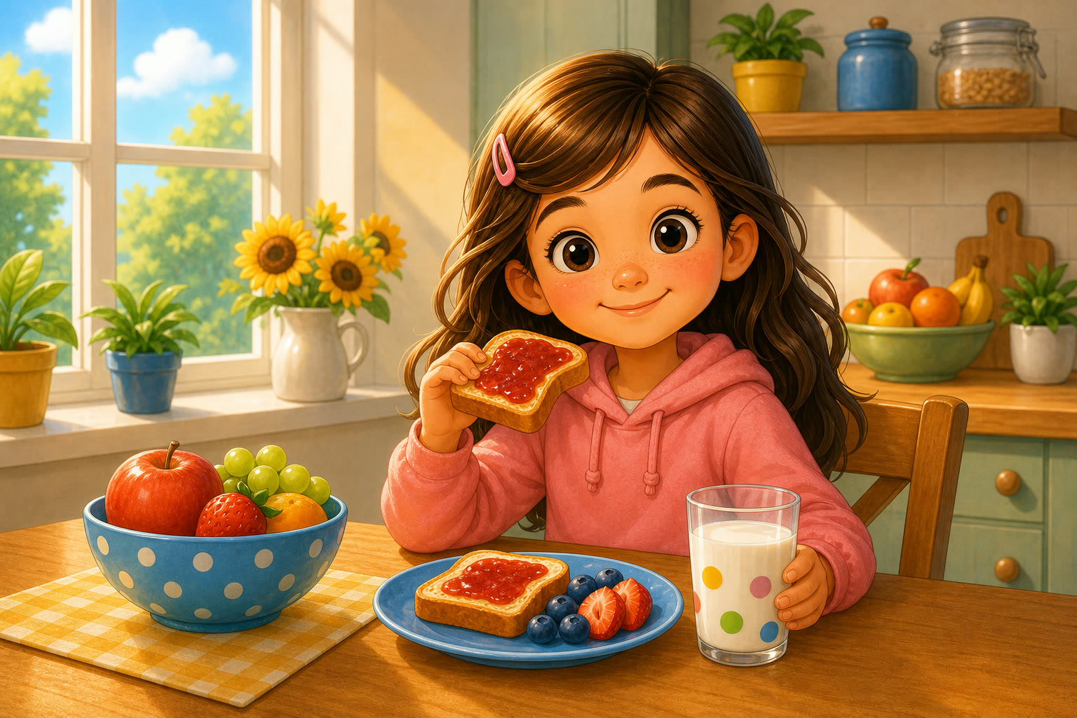 Una nina desayunando por la manana en una cocina soleada