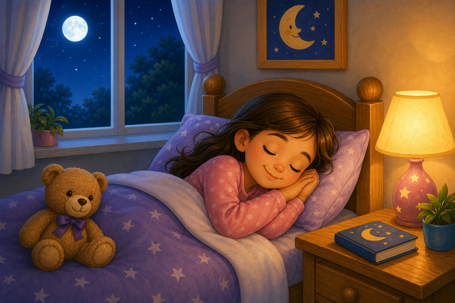 Una nina durmiendo por la noche en su cama