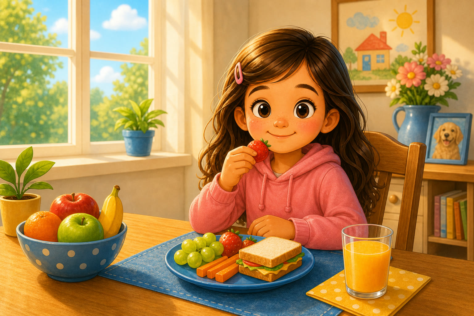 Una nina merendando por la tarde junto a la ventana