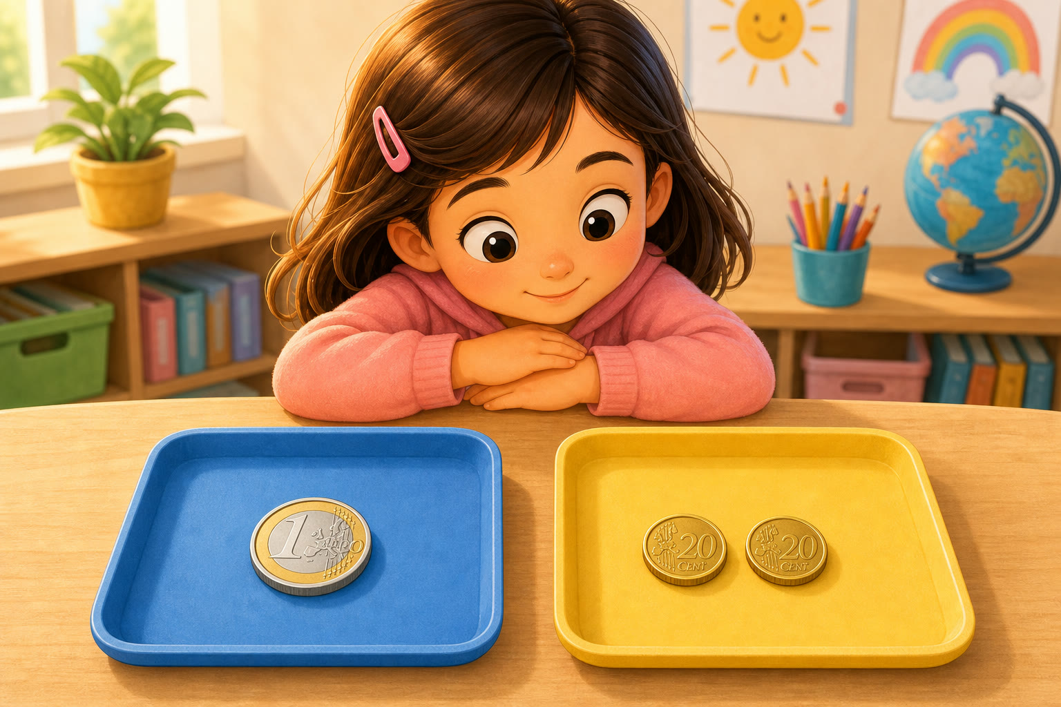Una bandeja con 1 euro y otra bandeja con dos monedas de 20 centimos