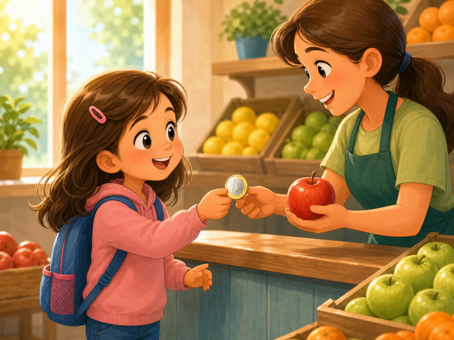 Una nina compra una manzana pagando con una moneda de 1 euro