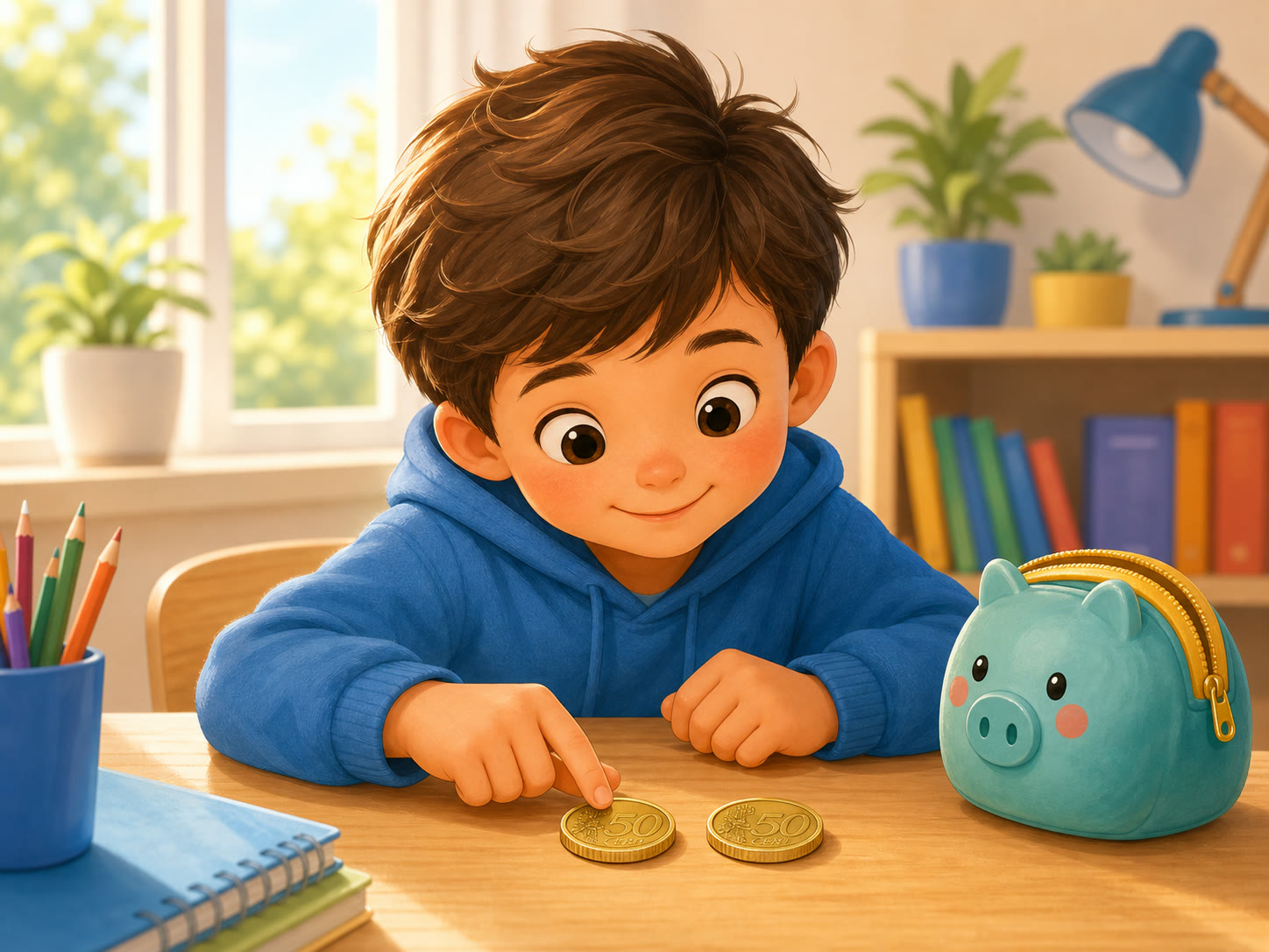 Un nino junta dos monedas de 50 centimos sobre una mesa