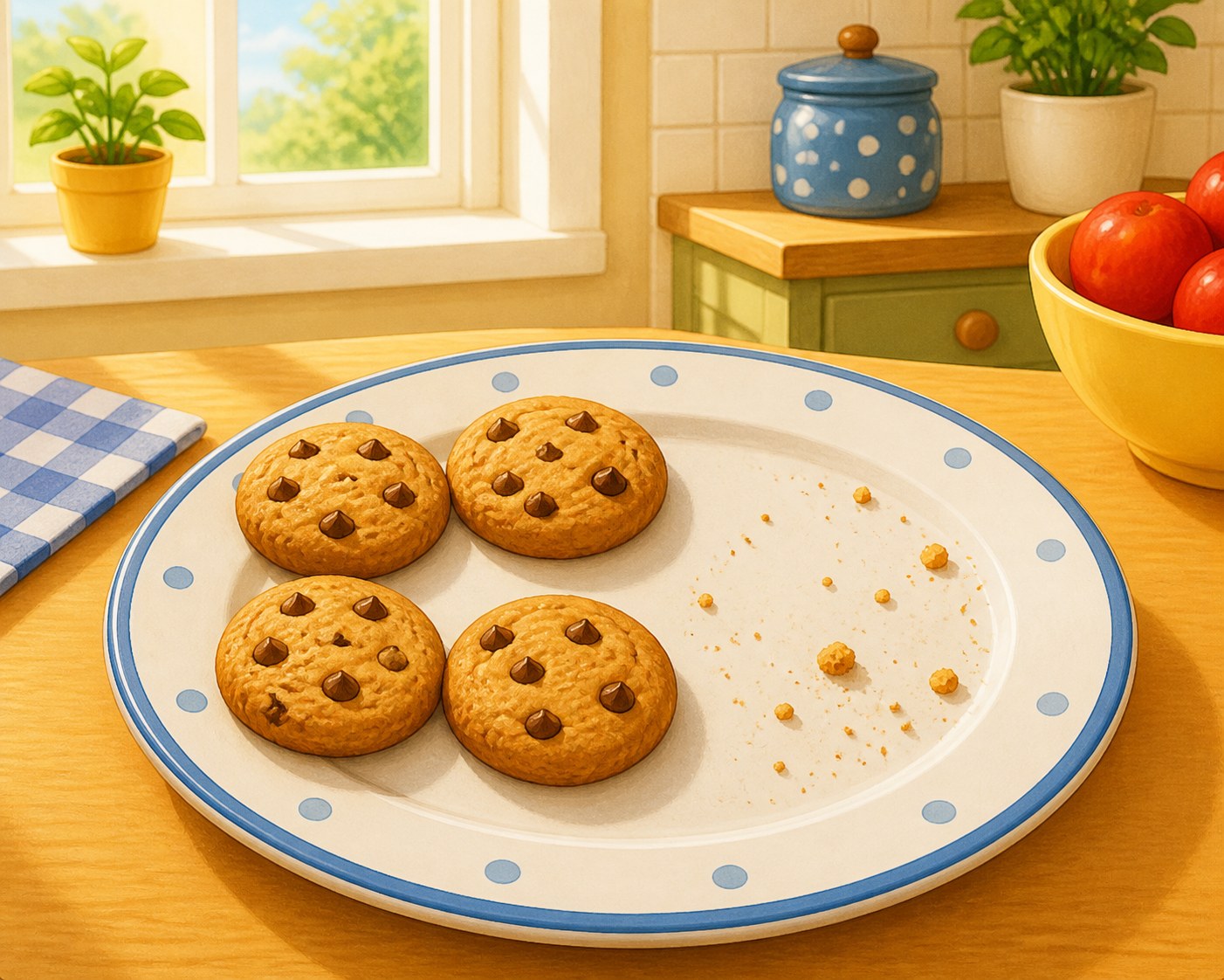Un plato con cuatro galletas y el espacio de tres galletas ya comidas