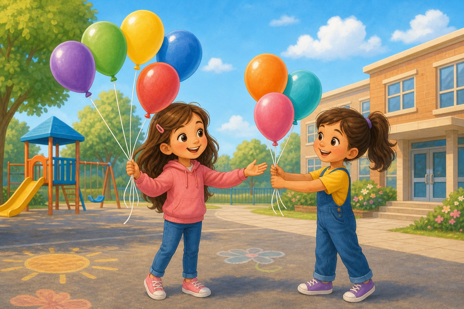 Una nina con cinco globos recibe tres globos mas de una amiga