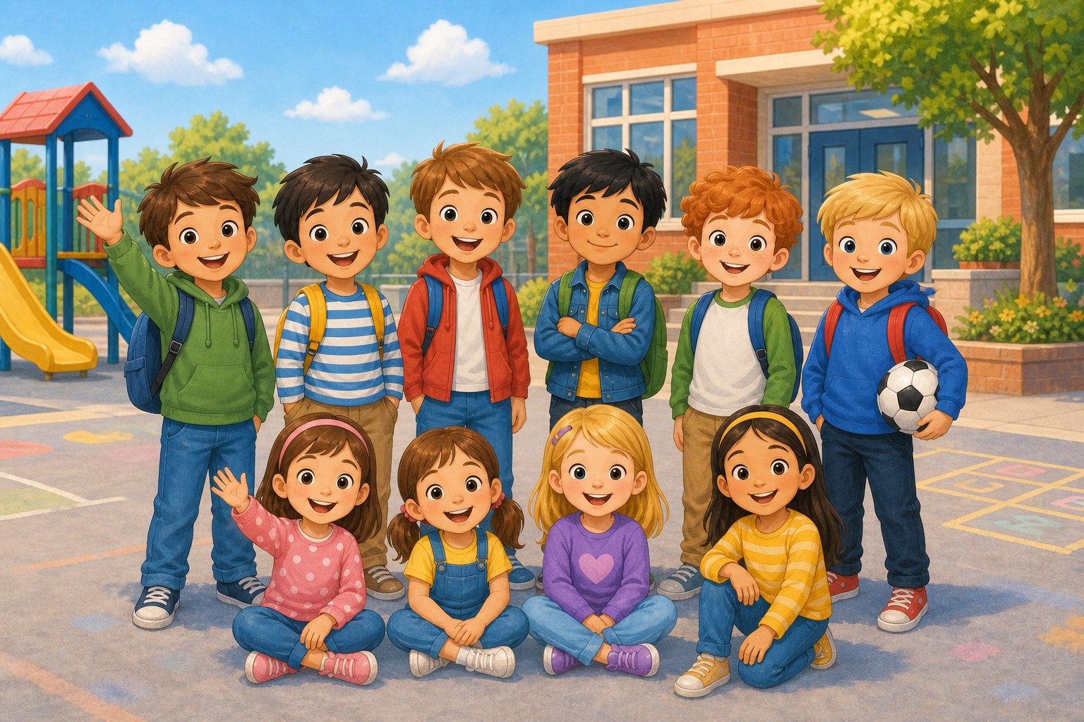 Grupo de seis ninos y cuatro ninas en el patio del colegio