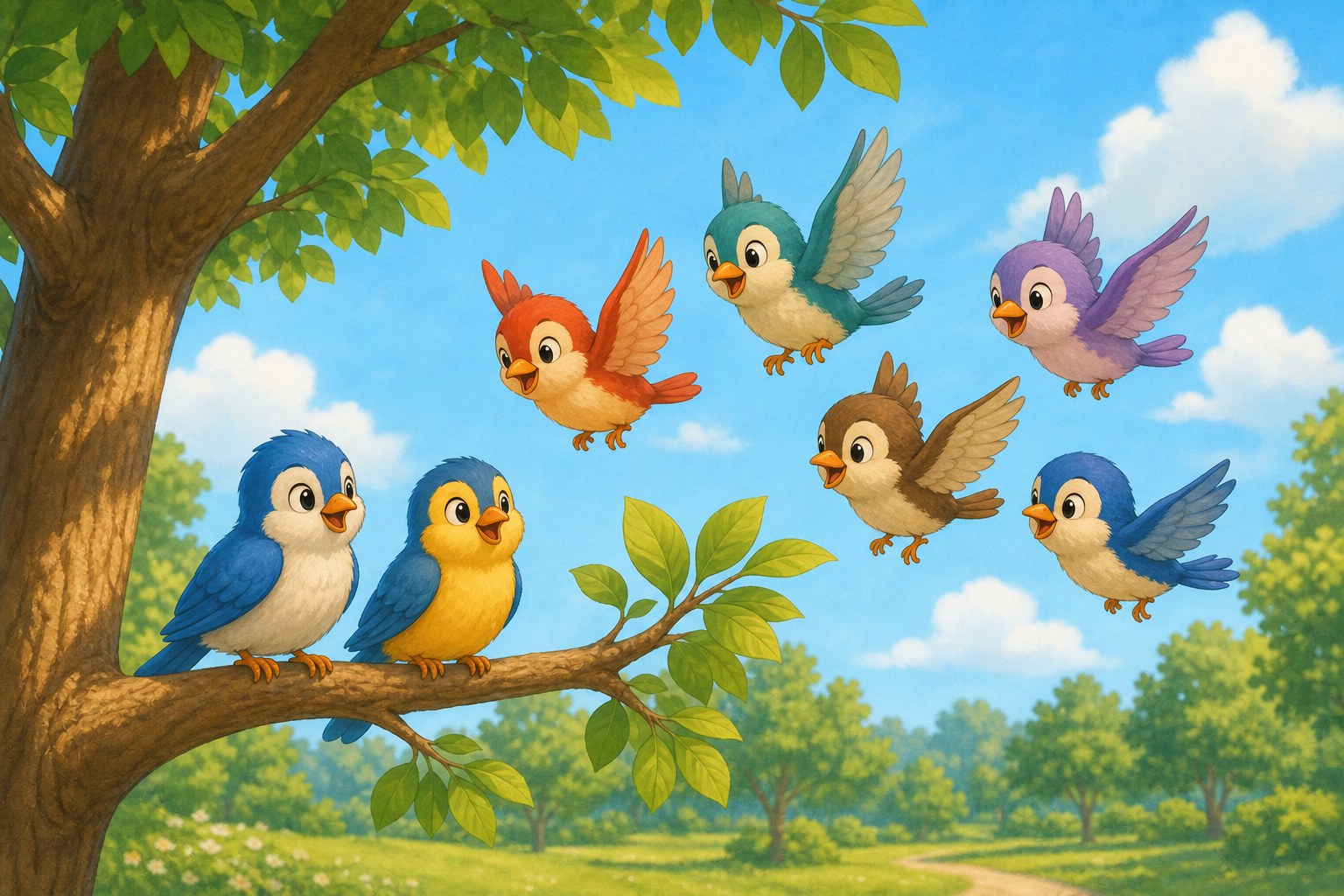 Dos pajaros en una rama y cinco pajaros mas llegando