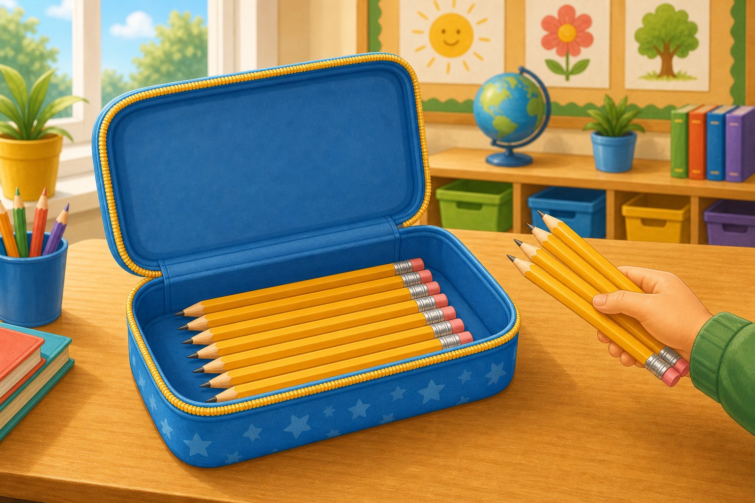 Un estuche con nueve lapices y una mano anadiendo cuatro lapices mas