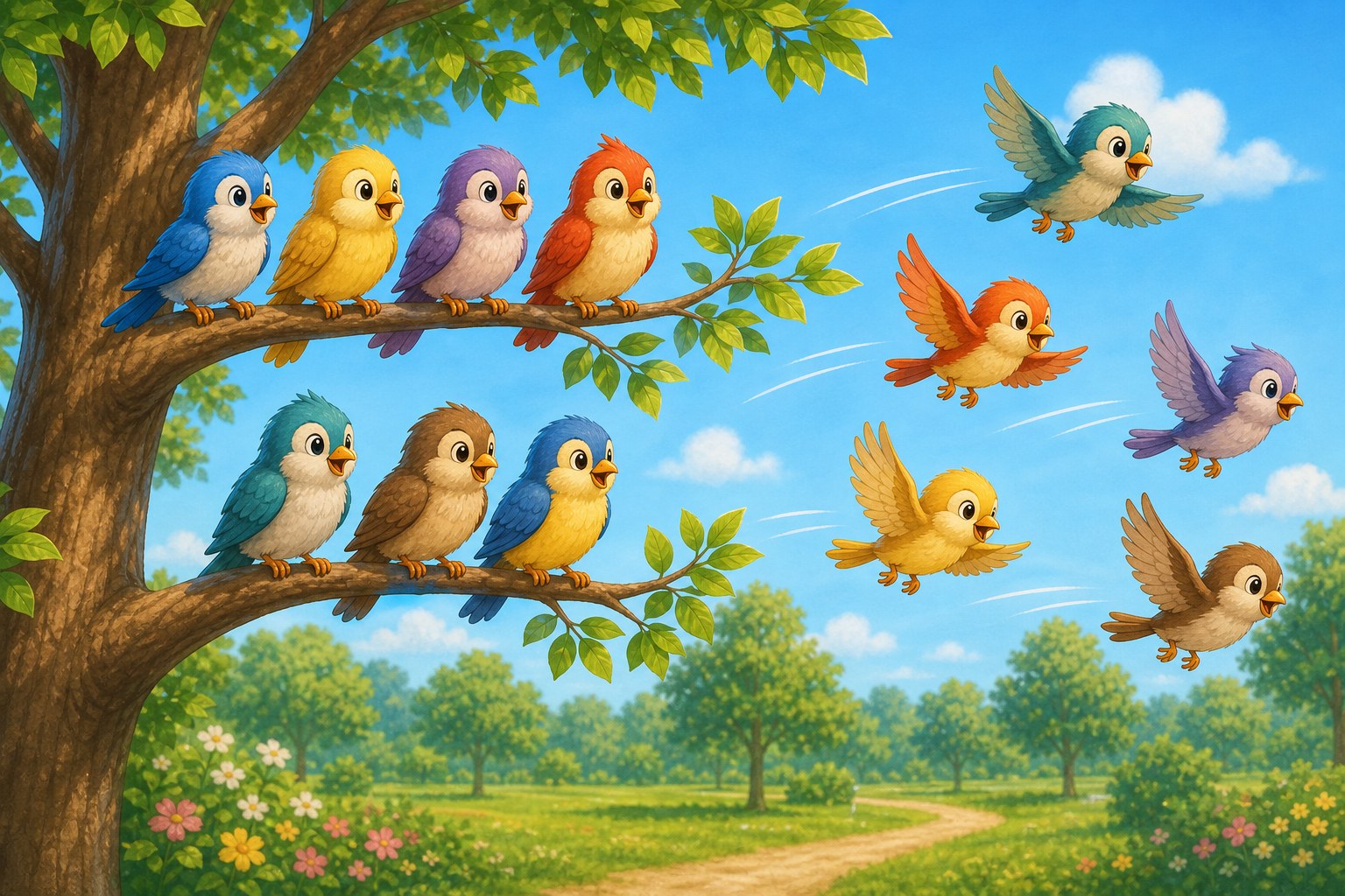 Siete pajaros quedan en el arbol y cinco pajaros se van volando