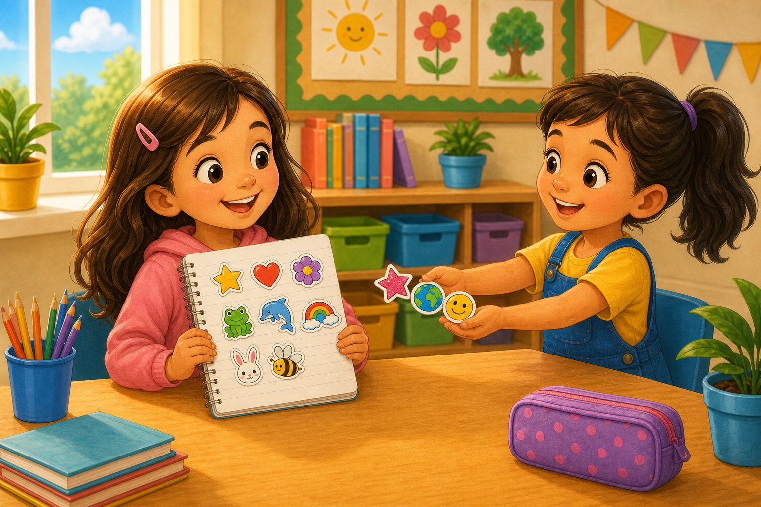 Una nina con ocho pegatinas en un cuaderno recibe tres pegatinas mas
