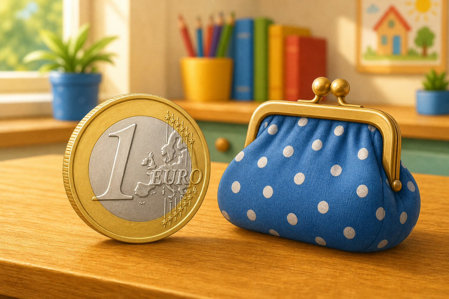 Una moneda grande de 1 euro junto a un monedero azul