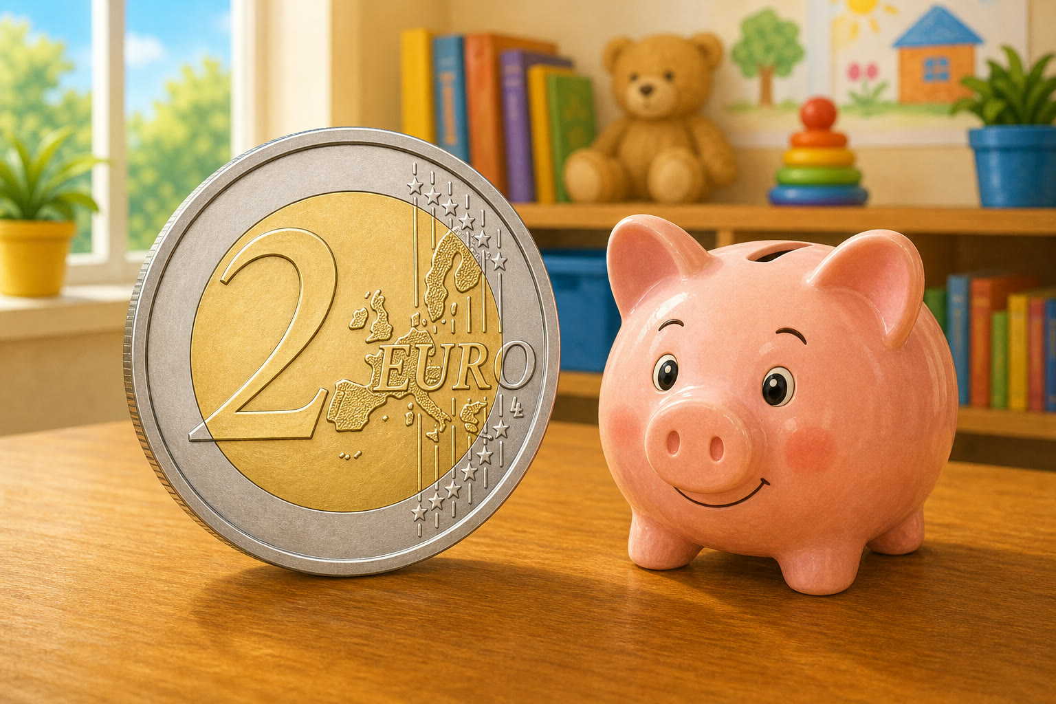 Una moneda grande de 2 euros junto a una hucha rosa