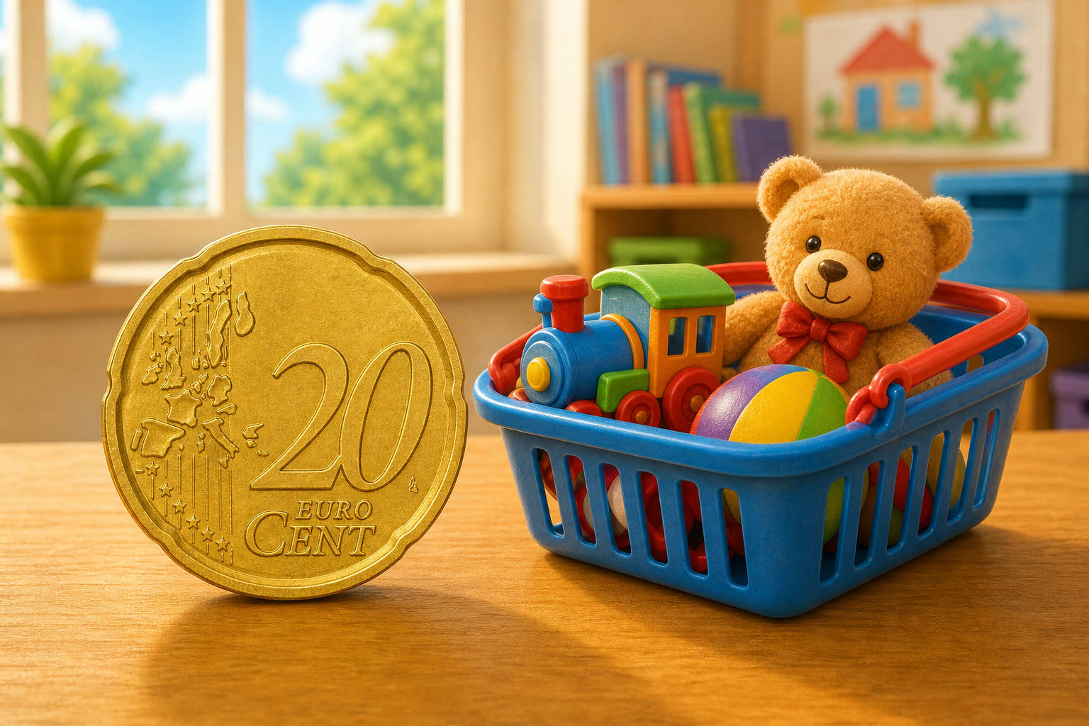 Una moneda grande de 20 centimos junto a una cesta pequena de juguetes