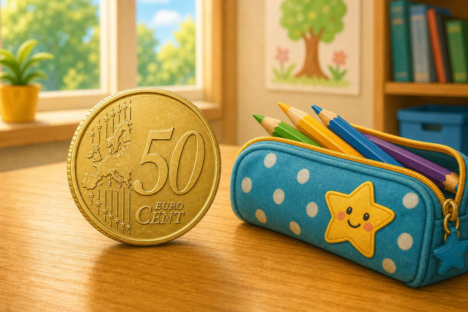 Una moneda grande de 50 centimos junto a un estuche azul