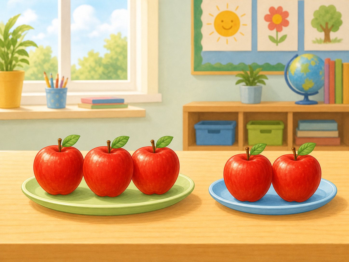 Tres manzanas en un grupo y dos manzanas aparte