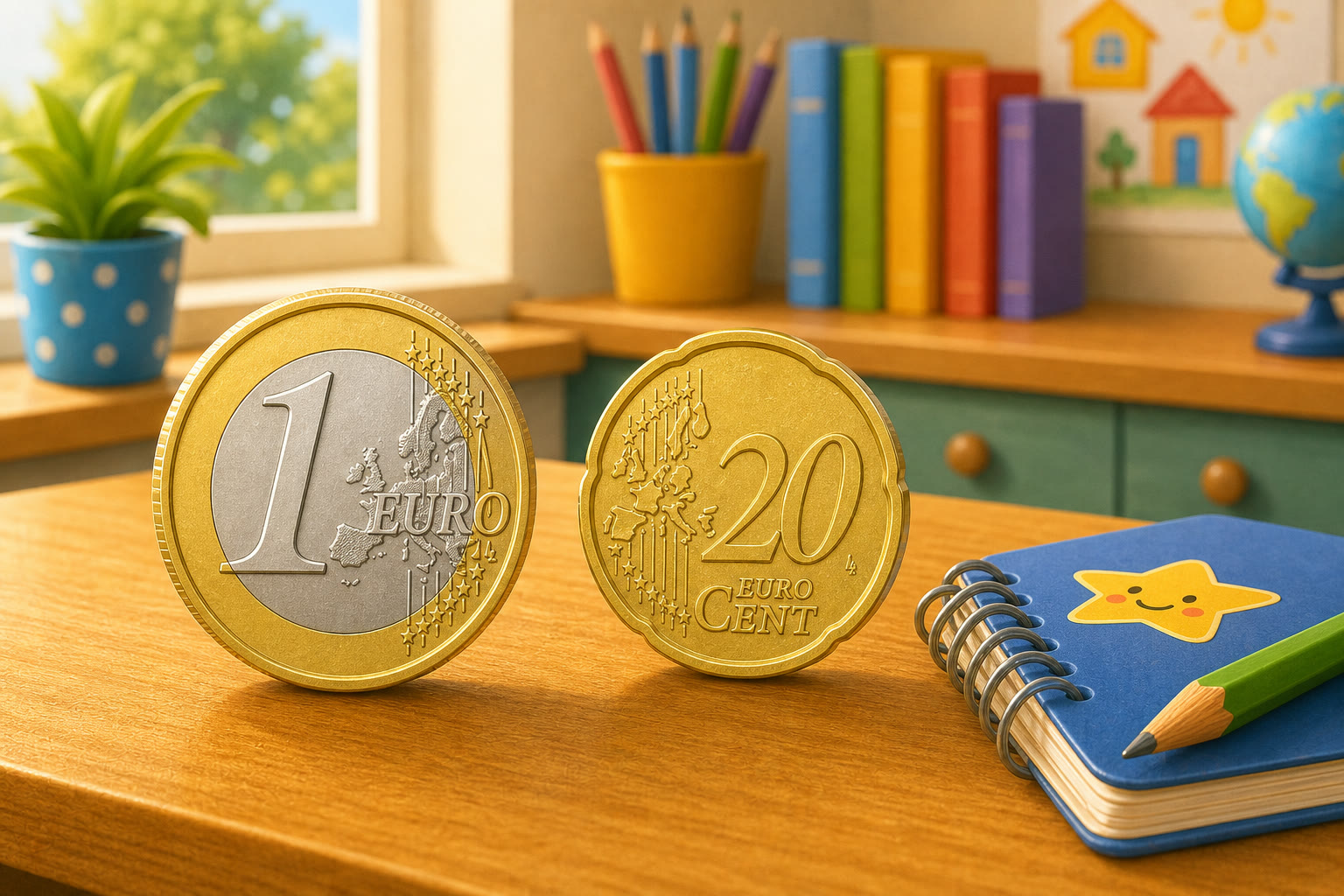Una moneda de 1 euro y una moneda de 20 centimos para sumar una cantidad