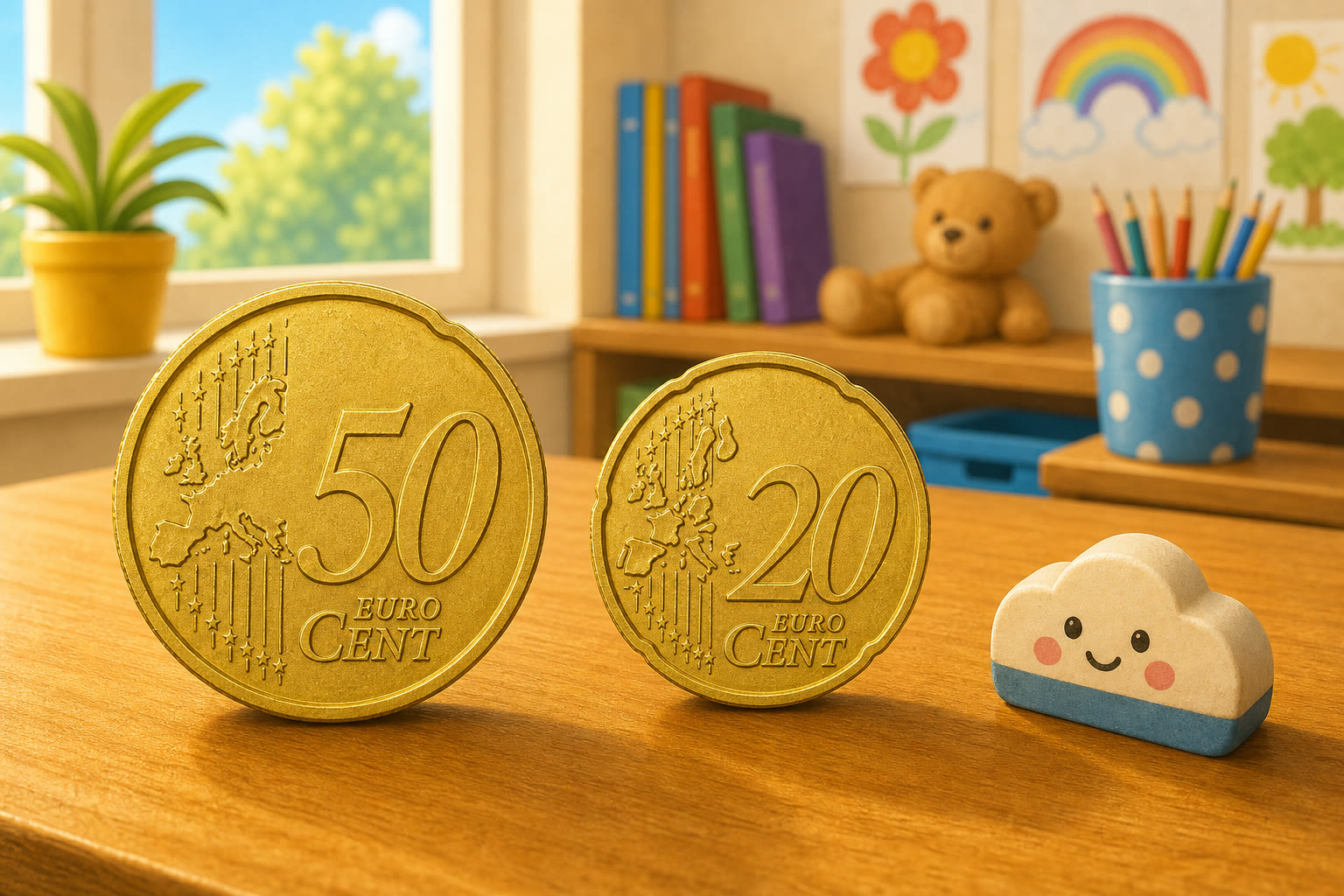 Una moneda de 50 centimos y otra de 20 centimos para sumar dinero