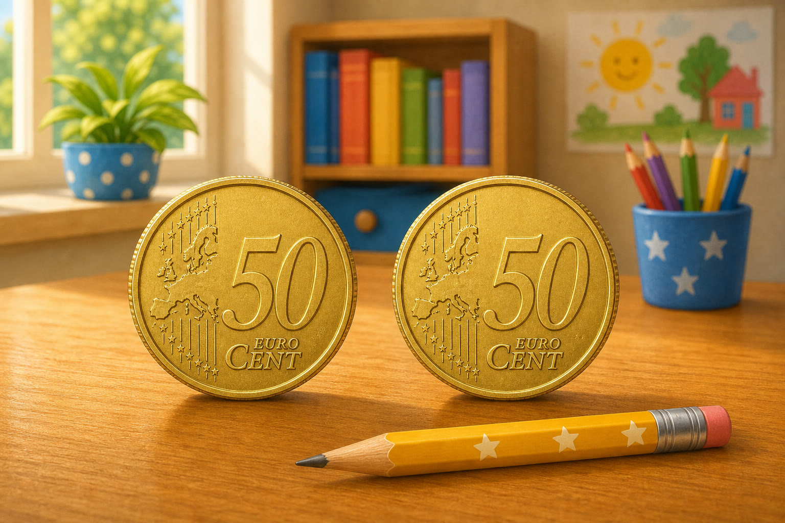 Dos monedas de 50 centimos preparadas para sumar dinero