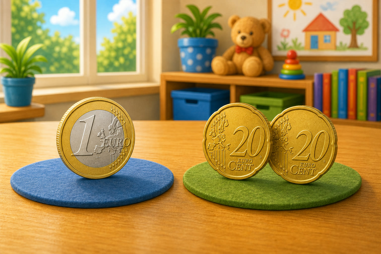 Un grupo con 1 euro y otro con dos monedas de 20 centimos para comparar cantidades