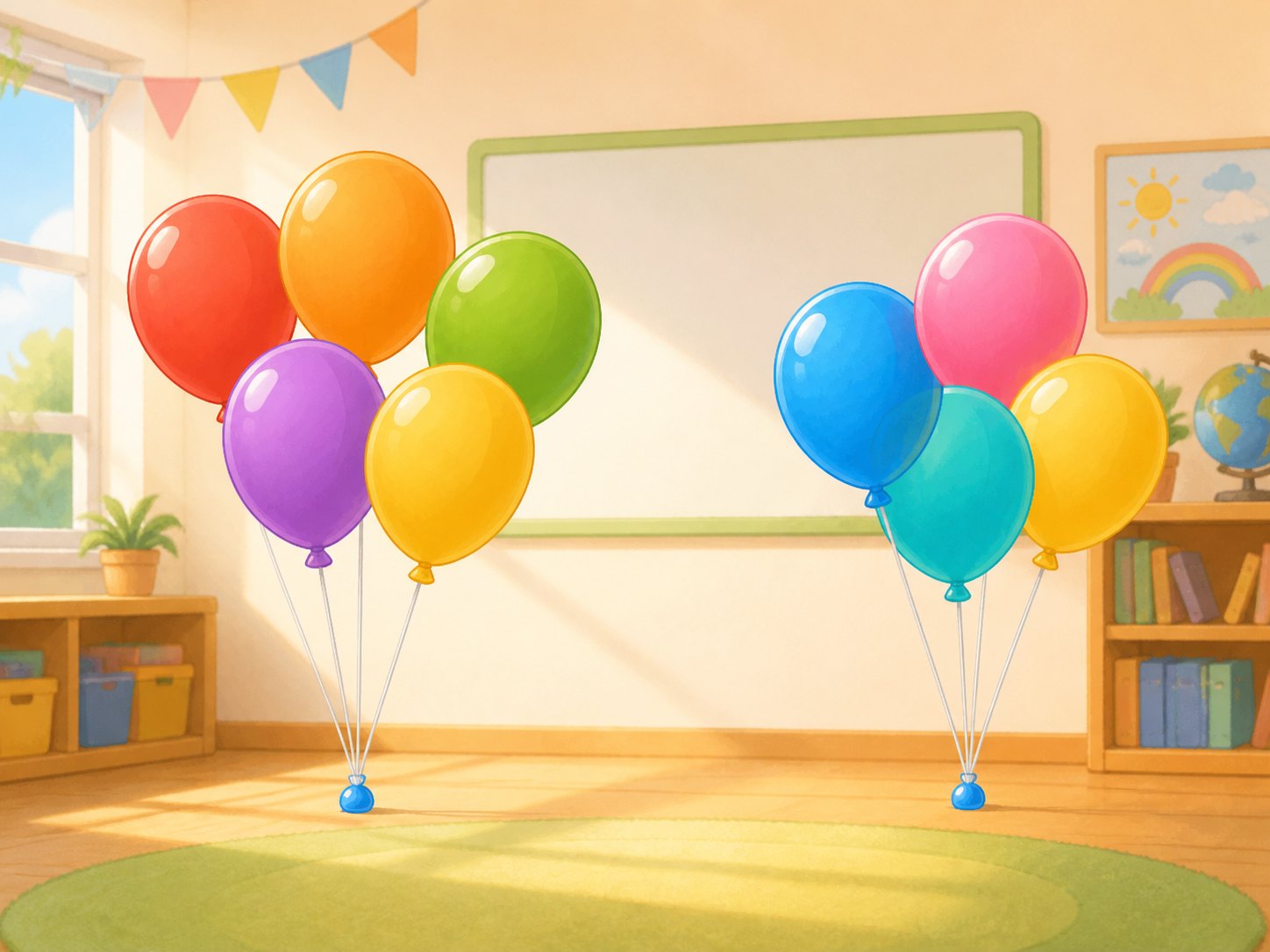 Cinco globos en un grupo y cuatro globos en otro grupo