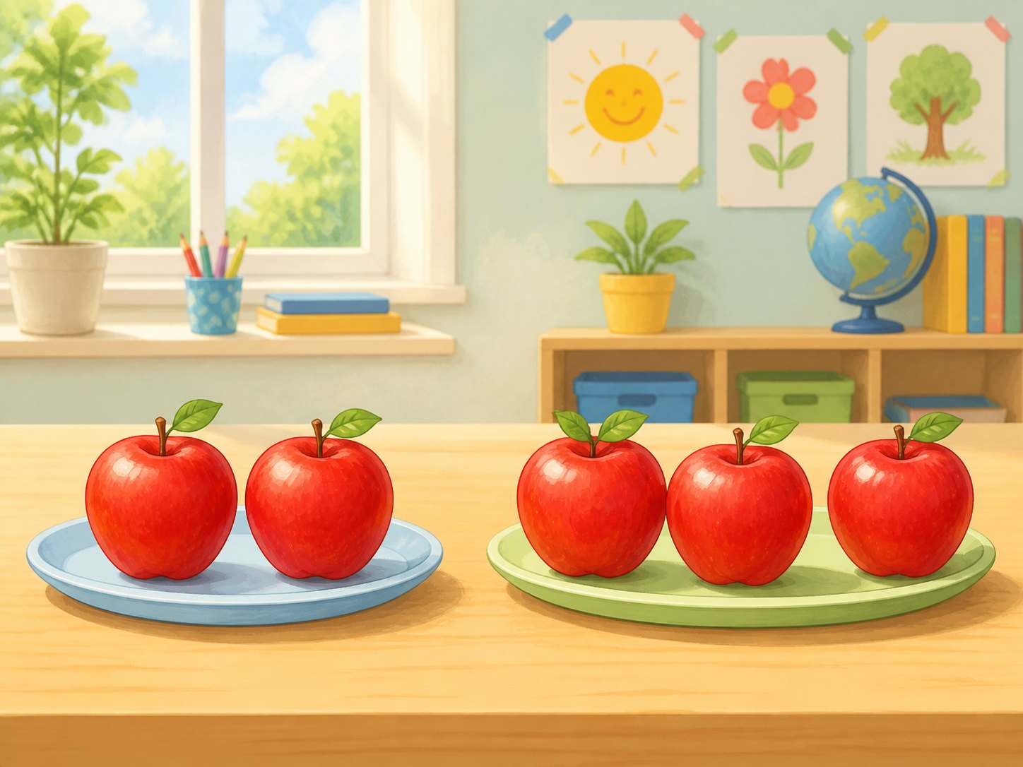 Dos manzanas en un grupo y tres manzanas en otro grupo