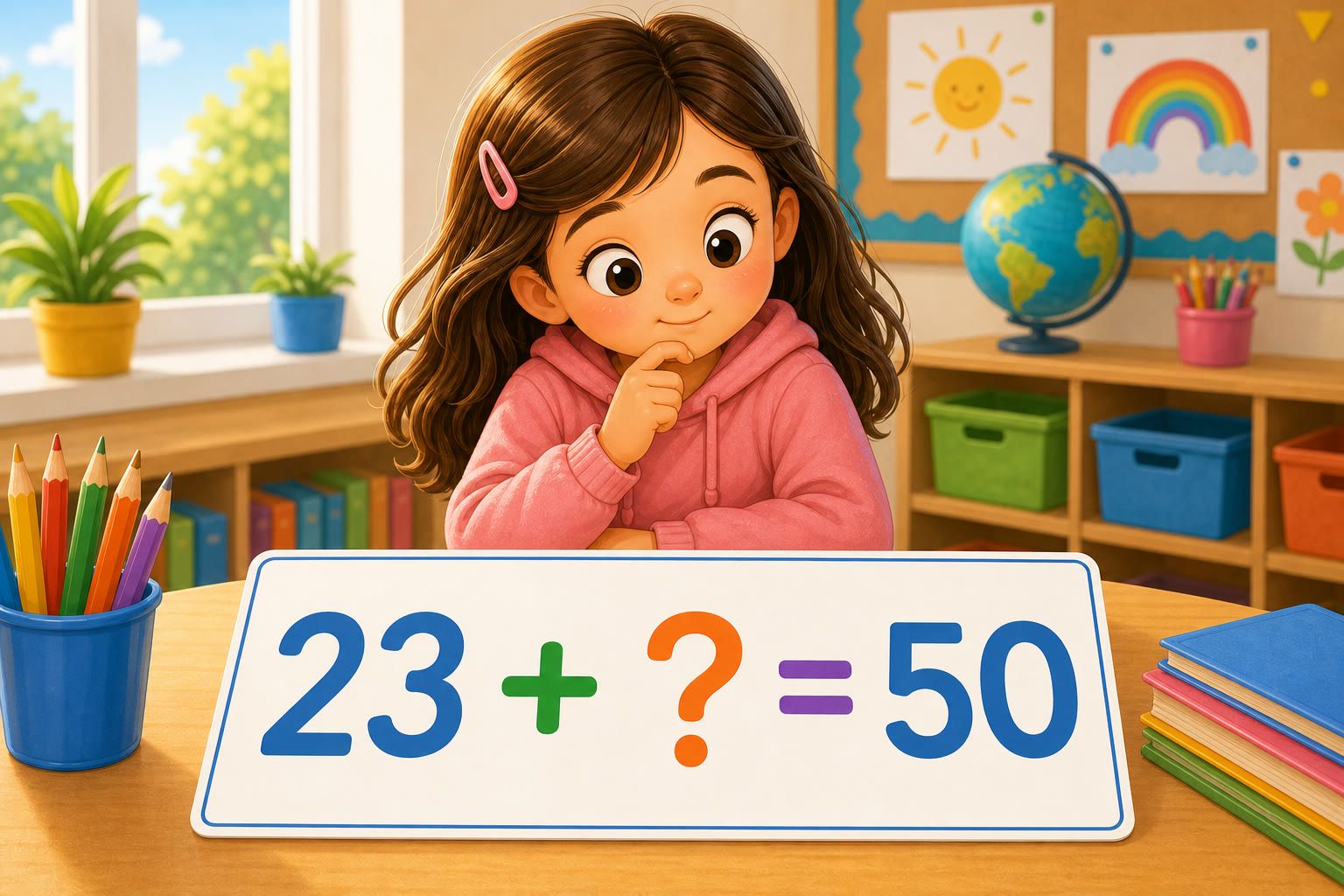 Una nina observa la operacion 23 mas interrogacion igual a 50