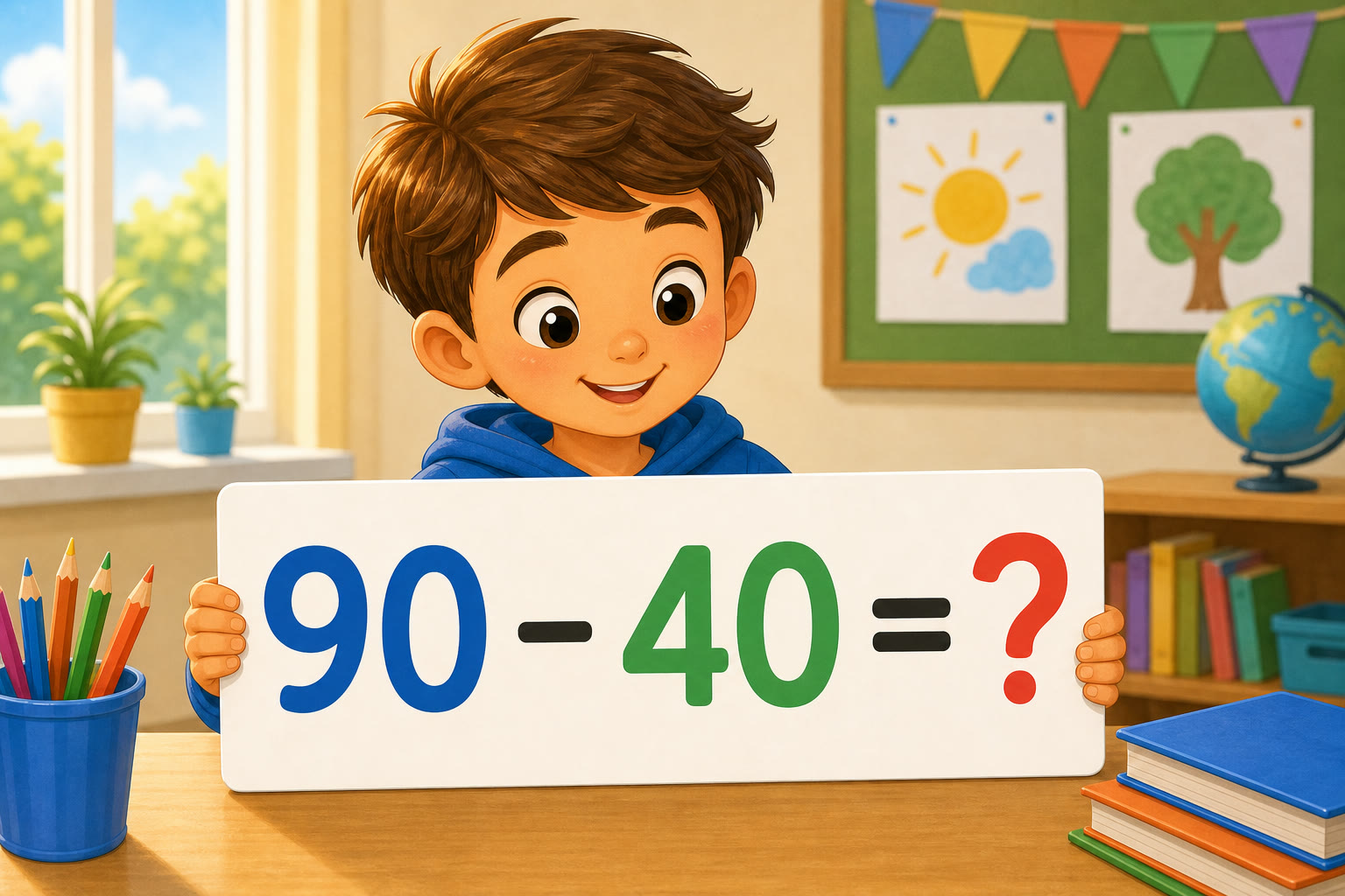 Un nino observa la operacion 90 menos 40 igual a interrogacion