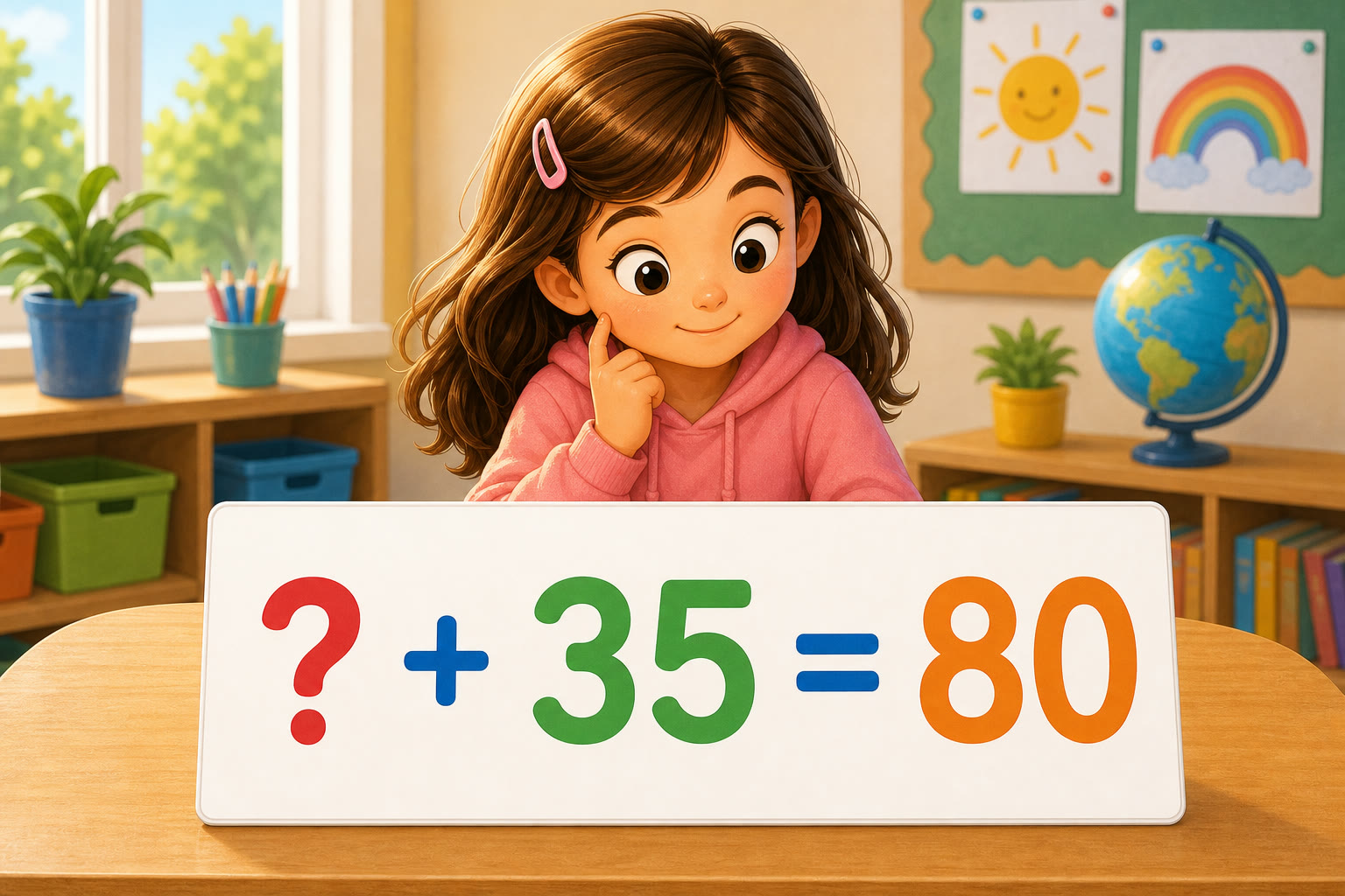 Una nina observa la operacion interrogacion mas 35 igual a 80