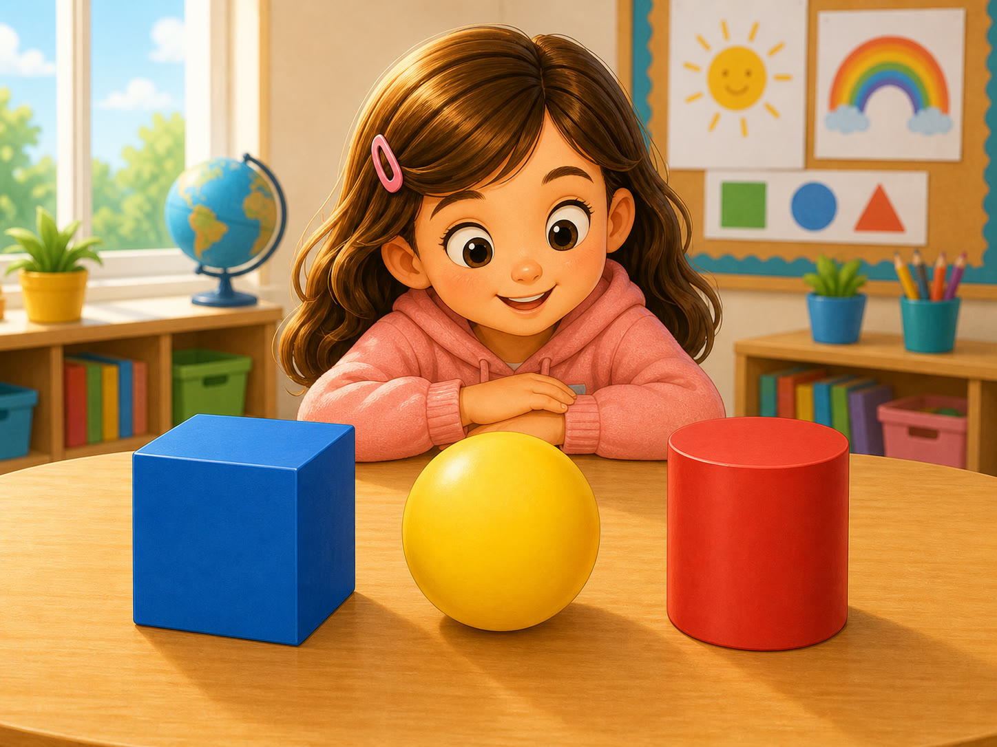 Comparacion entre un cubo azul, una esfera amarilla y un cilindro rojo