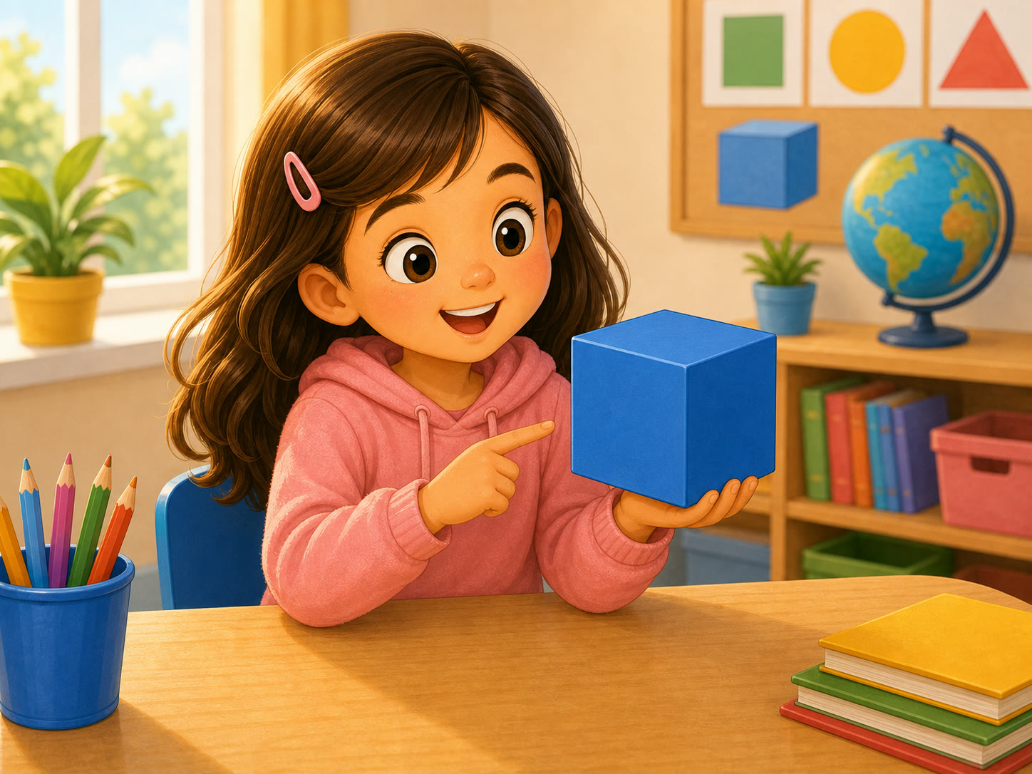 Una nina muestra un cubo azul tridimensional