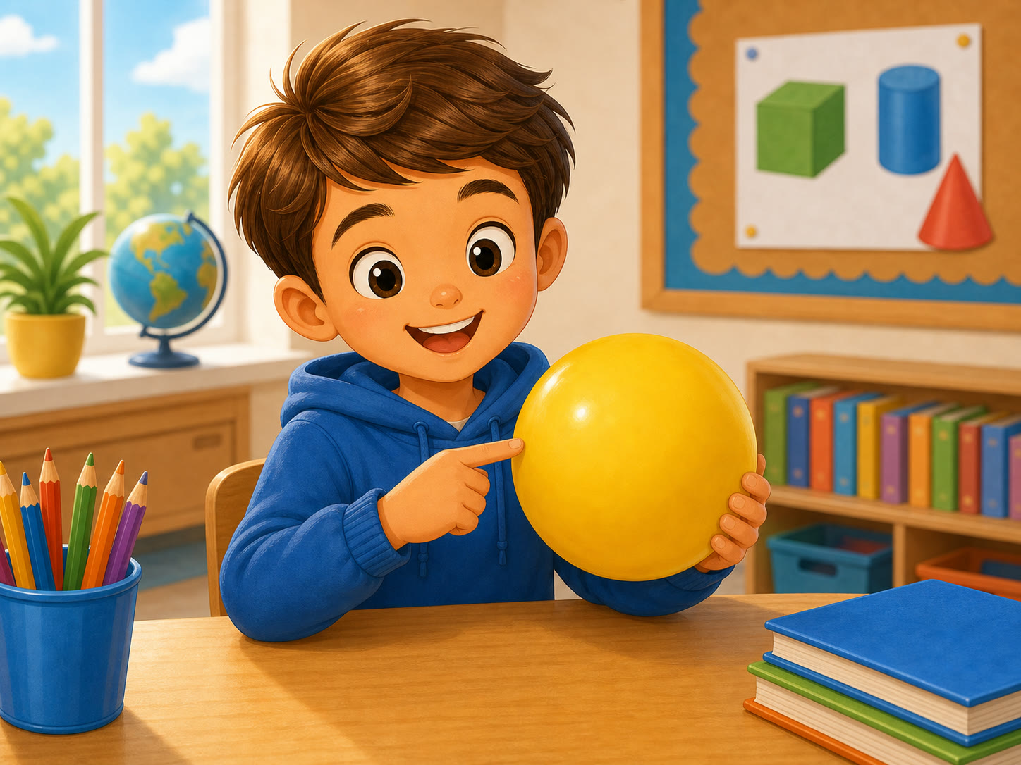 Un nino muestra una esfera amarilla tridimensional