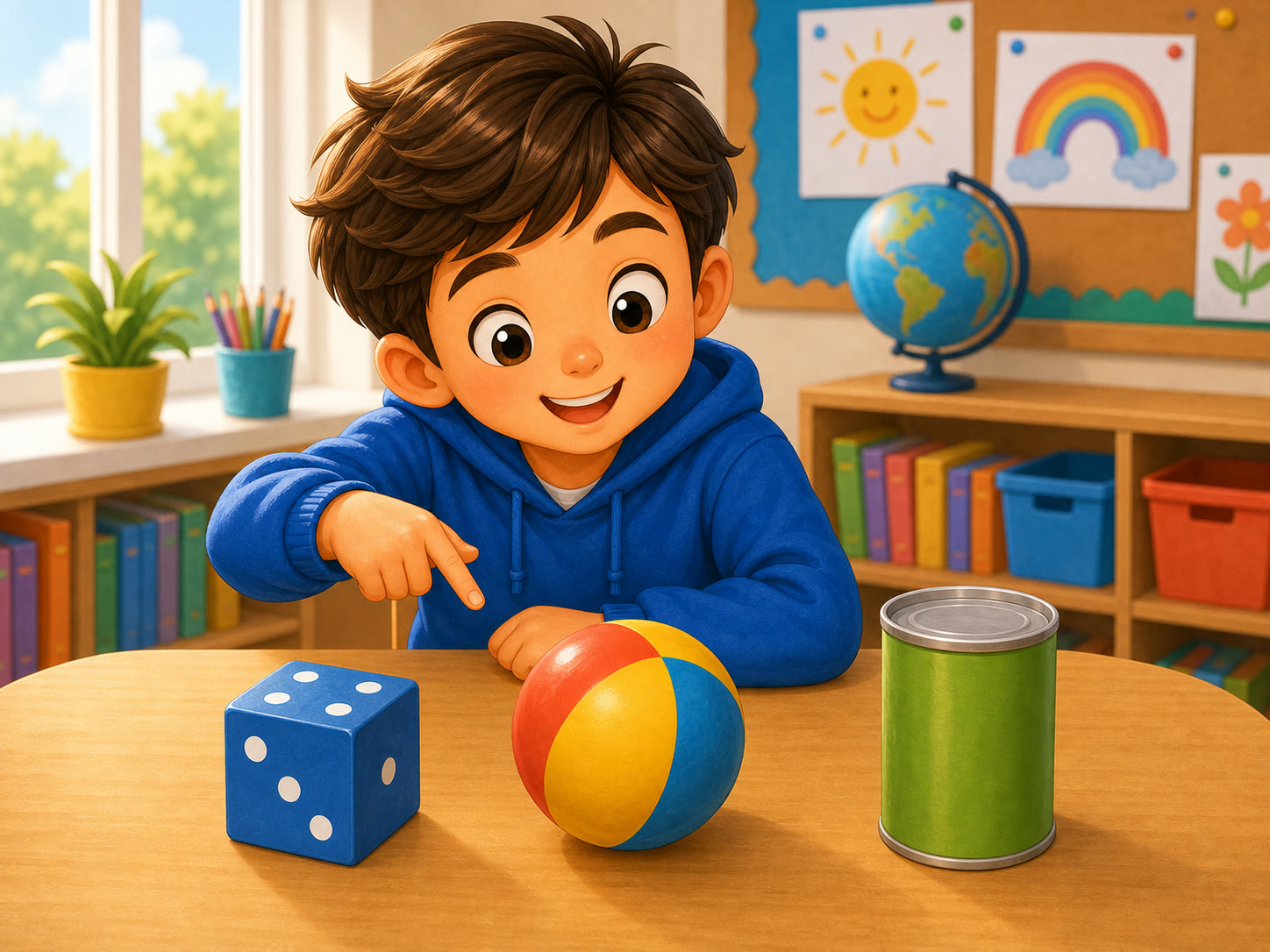 Objetos reales con forma de cubo, esfera y cilindro sobre una mesa